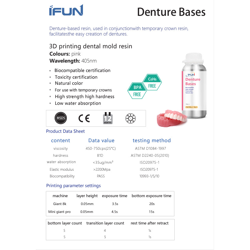500g iFun Denture Base Resin Biocompatible dental 3D printing resin
