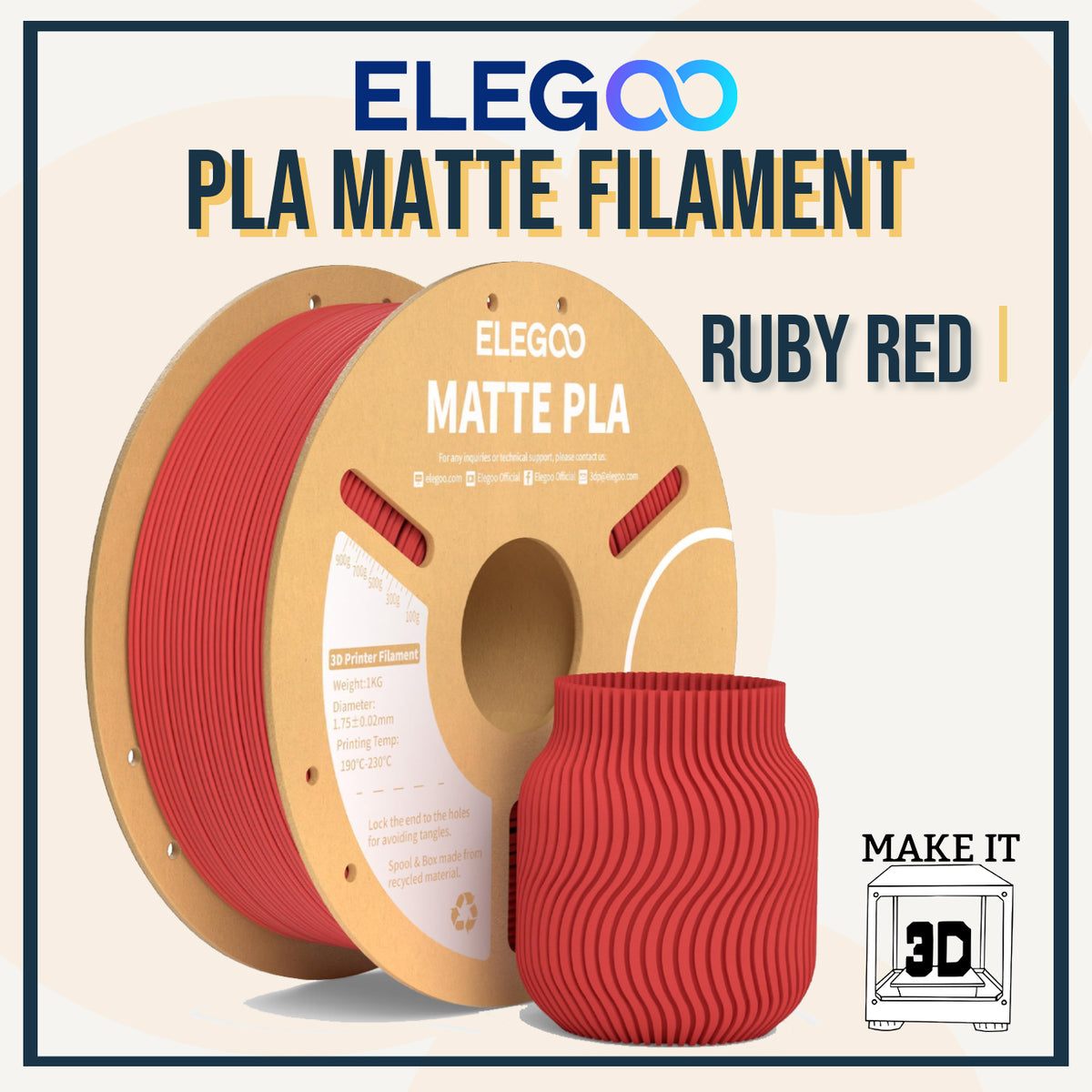 Elegoo PLA Matte Filament 1kg 1.75mm 3D Printing Filament
