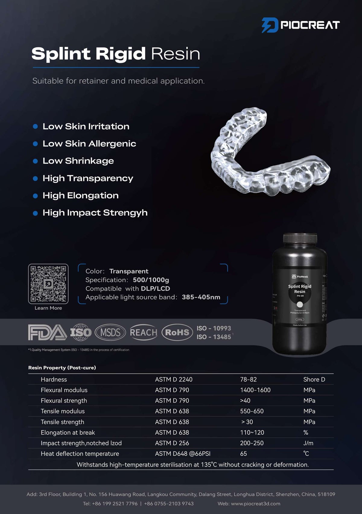 PioNext 500g Splint resin for 3D printer biocompatible for digital dentistry