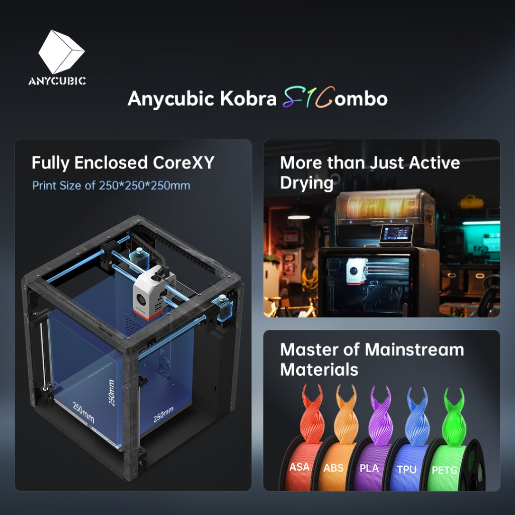 Anycubic Kobra S1 Combo fully enclosed core XY FDM 3D printer, multi-material, multi-color
