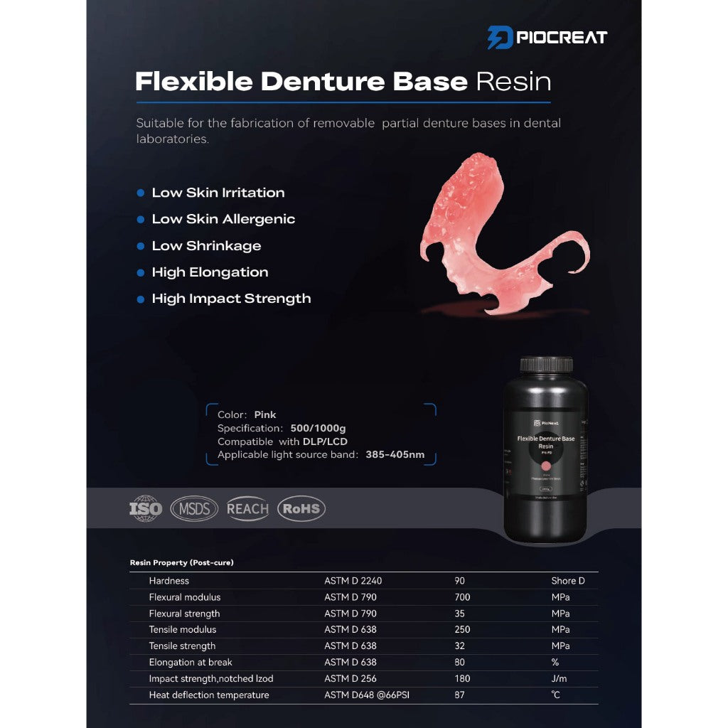 PioNext 500g Flexible Denture Base 3D printer resin biocompatible for 3D printing